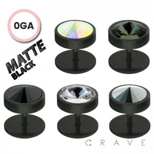 MATT BLACK TITANIUM IP OVER 316L SURGICAL STEEL 0GA FAKE PLUG WITH SWAROVSKI GEM STONE